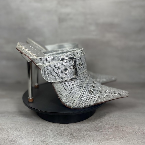 Azalea Wang Shoes Womens Size 6.5 Silver Rhinestone Mule Heels Buckle Stiletto - Picture 1 of 11